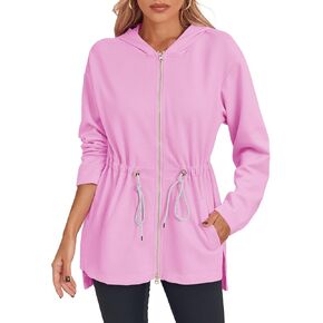 Fisoew Women's Zip Up Hoodie Sweatshirts Oversized Long Sleeve Casual Drawstring Waist Side Slit Tunic Tops