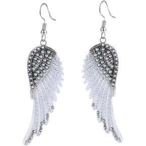 Angel Wings Dangle Earrings for Women Unique Rhinestones Copper Fairy Feather Guardian Dangle Drop Hook Womens Dangling Earrings Silver Plated for Women Girls Jewelry
