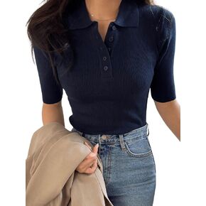 Women's Half Button Ribbed Knit Collared Tee Shirts Short Sleeve Slim Fit Knitted Tops Dressy Tops