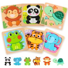 edutree Wooden Puzzles for Toddlers 2-4, 6 Pack Animal Shape Puzzle Montessori Toys for 1 2 3 Year Old, Educational Learning Toys for Girls Boys Birthday Gift