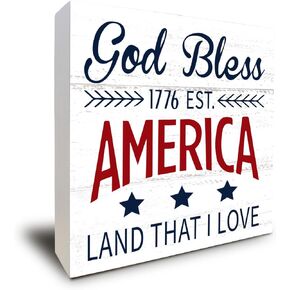4th of July Decorations, 4th of July Decor, July 4th Decorations for Home Wood Box Sign Block Tabletop Shelf Desk Decor 5 x 5 Inch