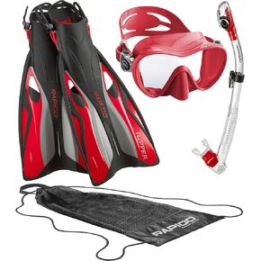 Rapido Boutique Collection Italian Design Premium Tempered Glass Lens Anti-Fog Panoramic Frameless Snorkel Mask, Dry Snorkel, Quick Adjust Fins - Mask Fin Snorkel Set