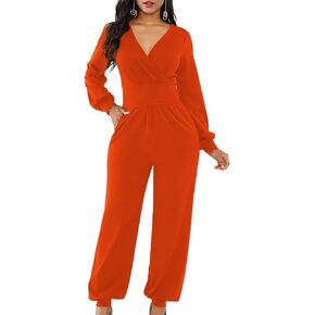 LYANER Women's Deep V Neck Long Sleeve Wrap Front Jumpsuit Pant Cocktail Party Romper