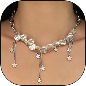 Silver Baroque Pearl Star Tassel Necklaces, Adjustable Chunky Chain Choker Necklaces, Layered Y2k Statement Jewelry Gifts for Women Teen Girls
