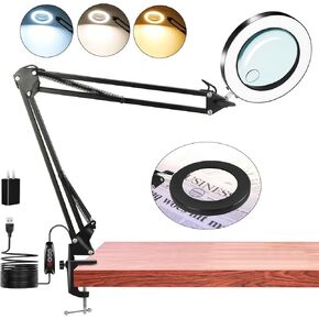 15X&10XMagnifying Glass with Light, Adjustable Arm Real 4.3" Glass Lens LED Magnifying Glasses and Extension Line Work,3 Color Modes Stepless Dimmable Lighted for Close Work,Hobbies Reading Work.