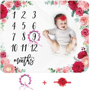 Baby Monthly Milestone Blanket Girl - Floral Newborn Month Blanket Personalized Shower Gift Soft Plush Fleece Photography Background Photo Prop Large Red Flower Blanket with Wreath Headband