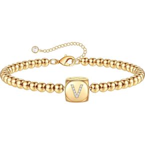 Yoosteel أساور أولية صغيرة للنساء الفتيات، 14K الذهب شغلها يدويا حرف الخرزة سوار شخصية الطبقات الأساور الأولية للنساء الفتيات هدايا المجوهرات