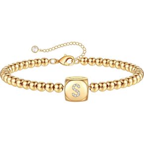 Yoosteel Tiny Initial Bracelets for Women Girls, 14K Gold Filled Handmade Letter Bead Bracelet Personalized Layered Initial Bracelets for Women Girls Jewelry Gifts