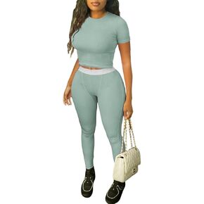 Women Casual Workout Sets 3 Pieces Lounge Wear Yoga Outfits Short Sleeve Ribbed Top Elastic High Waist Leggings