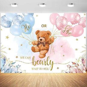 7x5ft Gender Reveal Backdrop Baby Bear Boy or Girl Photography Background Baby Shower Party Blue and Pink Banner Decorations Supplies Photo Booth Props