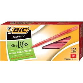 BIC Round Stic Xtra Life Ball Pen, Medium Point (1.0 mm), Red, 24-Count