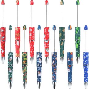 12 Pieces Christmas Beadable Pens Black Ink Ballpoint Pens Cute DIY Making Kit Beaded Pens for Students Office School Supplies