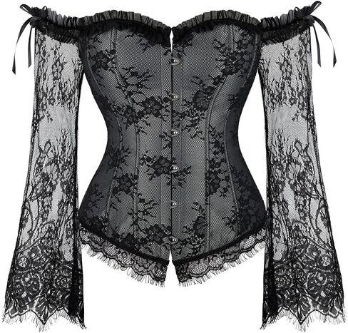 SZIVYSHI Grey Corset Tops for Women with Sleeves, Bustier Overbust Lace Up Bodice Lingerie, Renaissance Vintage Steampunk Exotic Fashion Strapless Shirt, Busk Closure,S in Saudi Arabia