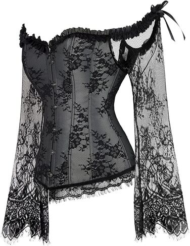 SZIVYSHI Grey Corset Tops for Women with Sleeves, Bustier Overbust Lace Up Bodice Lingerie, Renaissance Vintage Steampunk Exotic Fashion Strapless Shirt, Busk Closure,S in Saudi Arabia
