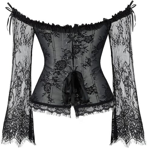 SZIVYSHI Grey Corset Tops for Women with Sleeves, Bustier Overbust Lace Up Bodice Lingerie, Renaissance Vintage Steampunk Exotic Fashion Strapless Shirt, Busk Closure,S in Saudi Arabia