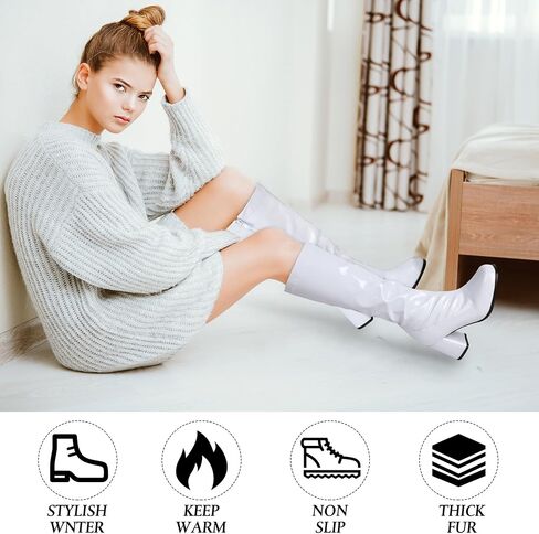 أحذية SATINIOR النسائية Go Go، حذاء برقبة طويلة بسحاب وكعب مكتنز للركبة، أحذية عالية للركبة بكعب مكتنز للحفلات التنكرية والديسكو والحفلات المسائية in Saudi Arabia