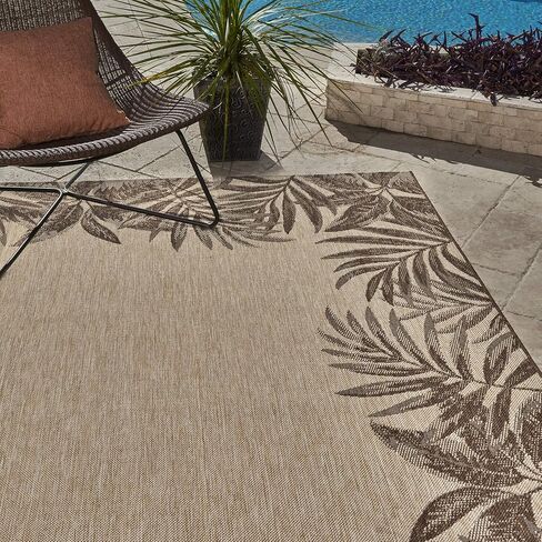Gertmenian Indoor Outdoor Classic Flatweave Area Rug, Stain & UV Resistant Carpet, Deck, Patio, Poolside & Mudroom, 8x10 Ft Large, Palm Tree Border Brown, 21261 in Saudi Arabia