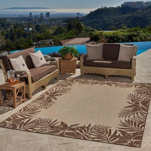 Gertmenian Indoor Outdoor Classic Flatweave Area Rug, Stain & UV Resistant Carpet, Deck, Patio, Poolside & Mudroom, 8x10 Ft Large, Palm Tree Border Brown, 21261 in Saudi Arabia