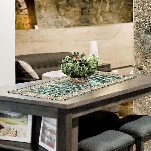 مفرش طاولة مطرز مقاس 91.44 سم، مفرش طاولة جليتز، مفرش طاولة ديكور، مفرش طاولة ديكور المزرعة، مفرش طاولة زفاف ريفي مطرز، مفرش طاولة مطرز لعيد الميلاد - 13 × 36 طاووس ذهبي عاجي in Kuwait