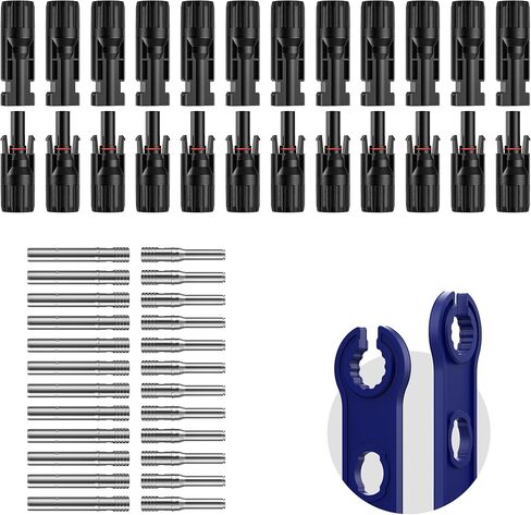 6 Pairs Solar Panel Connectors, IP67 Waterproof, 1000V 30A, 12PCS Solar Connectors (Male & Female) + 12PCS Solar Connector Pins (Male & Female) + 2PCS Spanners, Compatible with PV cables 14-10AWG in Saudi Arabia