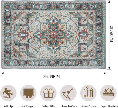 Boho Area Rug - 2'x3' Area Rugs Vintage Design Entry Rug Non-Slip Washable Indoor Door Mat, Washable Low-Pile Floor Carpet for Indoor Front Entrance Kitchen Bathroom in Saudi Arabia
