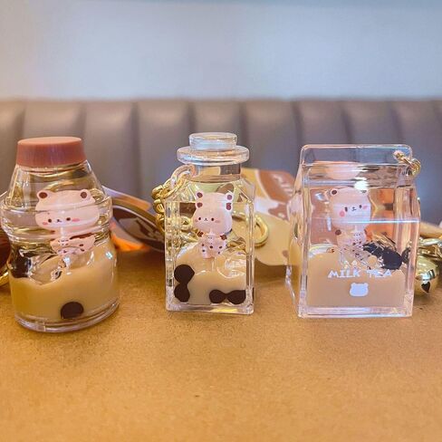 لطيف بوبا الدب المفاتيح Kawaii فقاعة الشاي السائل العائمة المفاتيح على ظهره معلقة in Kuwait
