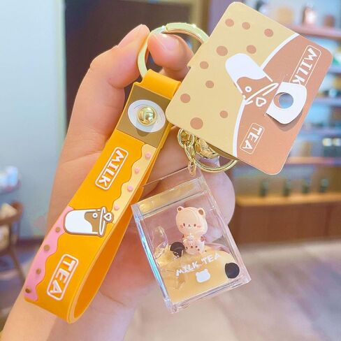 لطيف بوبا الدب المفاتيح Kawaii فقاعة الشاي السائل العائمة المفاتيح على ظهره معلقة in Kuwait
