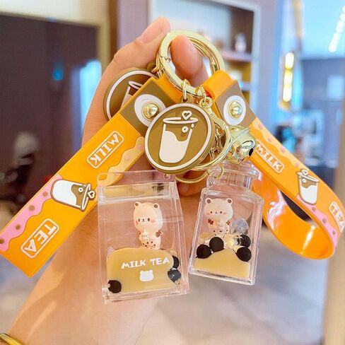 لطيف بوبا الدب المفاتيح Kawaii فقاعة الشاي السائل العائمة المفاتيح على ظهره معلقة in Kuwait