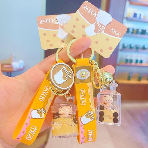 لطيف بوبا الدب المفاتيح Kawaii فقاعة الشاي السائل العائمة المفاتيح على ظهره معلقة in Kuwait