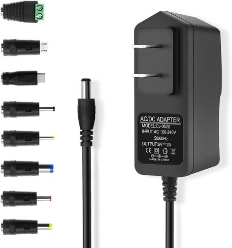 محول إمداد الطاقة 6 فولت 2 أمبير، محول تيار متردد 12 وات 100-240 فولت 50-60 هرتز تيار متردد، قابس حائط تيار متردد إلى تيار مستمر 6 فولت 2 أمبير، محول طاقة 5.5 مم × 2.5 مم، قابس مخرج تيار مستمر و8 نصائح in Kuwait