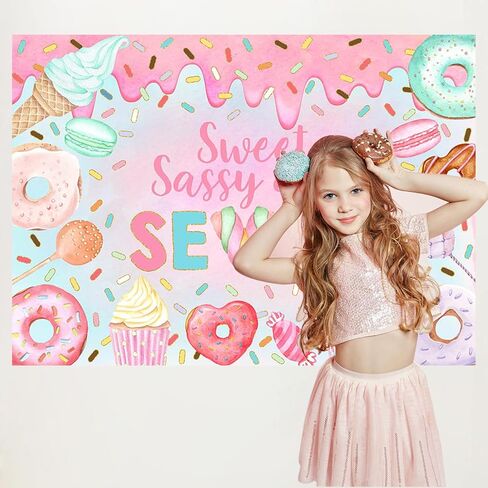 Mocsicka Donut 7th Birthday Backdrop Sweet Sassy and Seven for Girl Birthday Party Decorations Banner Seven Years Old Birthday Photography Background Photo Booth Studio Props (6x4ft(72''x48''), Pink) in Kuwait