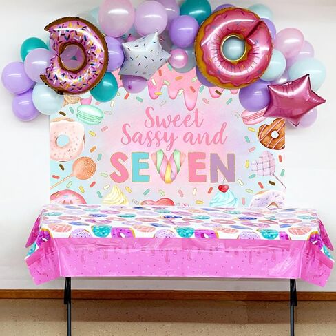 Mocsicka Donut 7th Birthday Backdrop Sweet Sassy and Seven for Girl Birthday Party Decorations Banner Seven Years Old Birthday Photography Background Photo Booth Studio Props (6x4ft(72''x48''), Pink) in Kuwait