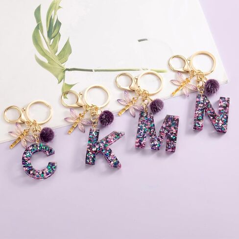 SELOVO Women Girls Capital Initial Purple Dragonfly Keychain Letter Alphabet Keyring in Kuwait