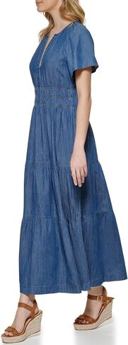 Tommy Hilfiger Women's Tiered Split Neck Short Sleeve Dress, Medium Benson in Saudi Arabia