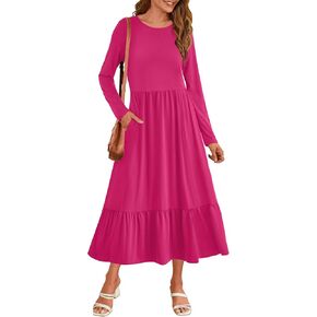 HAEOF Womens 2023 Fall Dress Casual Long Sleeve Midi Dress Pleated Tiered Pleated A Line Flowy Long Dresses