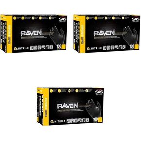 66517 Raven Powder-Free Nitrile Disposable Glove, Medium, 6 mil Thick (Pack of 100) Pack of 3, Black