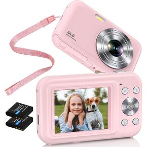 Digital Camera, FHD 1080P 44MP Kids Camera with Neck Lanyard 32GB Card, Point Shoot Cameras, 16X Zoom Anti-Shake Time Stamp, Compact Portable Small Camera for Kid Teen Student Girl Boy Starter(Pink)