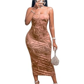 Milumia Women's Marble Print Cami Bodycon Dress Spaghetti Strap Split Long Dresses