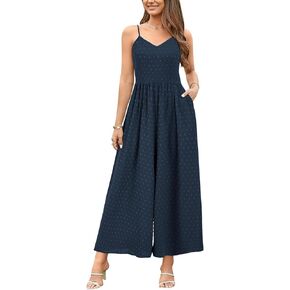 LAISHEN Wide Leg Jumpsuits for Women Casual 2023 Summer Floral Long Rompers Smocked Sleeveless Jumpers with Pockets
