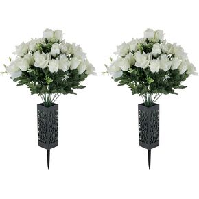 Grave Flowers for Cemetery Decorations: 2 Pcs Red White Artificial Rose Memorial Day Flower Arrangements Silk Funeral Floral Bouquet with Vase for Outdoors Gravessite Decor