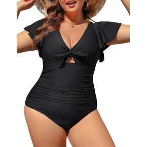 Women's Plus Size One Piece Swimsuit V Neck Tummy Control Full Coverage Bathing Suit Ruched Ruffles Swimwear