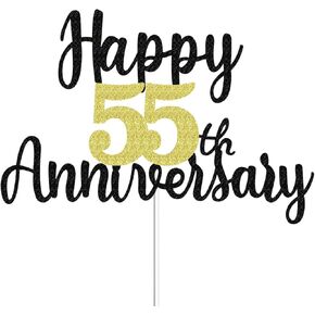 Happy 55th Anniversary Cake Toppers Glitter, Cheers To 55 Years Old Party Decorations 55th Anniversary Cake Decor, Fifty-five Theme Cake Decoration For Wedding Birthday Company Anniversary(Black Gold)