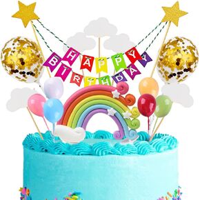 Xihuimay 17pcs Cake Topper Birthday Set Happy Birthday Banner Latex Balloon Topper Handmade Cupcake Topper including Colorful Rainbow Clouds Stars Picks for Boys Girls Birthday Party Decoration