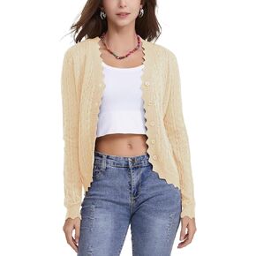 Women's Lace V Neck Hollow-Out Crochet Button Down Knit Slim Cropped Cardigan