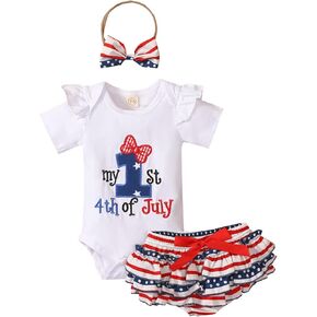 My First 4th of July Newborn Baby Girl American Flag Print Romper Star Shorts with Headband Outfits Sets