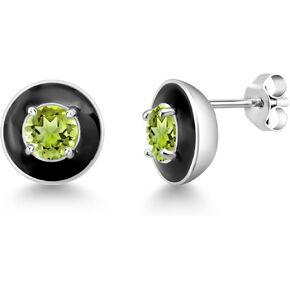 Gem Stone King 925 Sterling Silver Green Peridot on Black Enamel Stud Earrings For Women (1.10 Cttw, Gemstone Birthstone, Round 5MM)