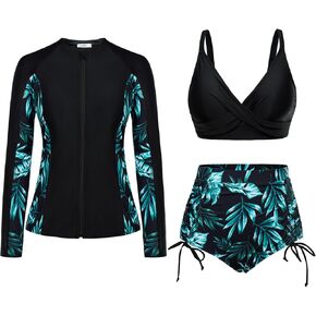 JASAMBAC Women 3 Piece Rash Guard Long Sleeve Zip Up Swimsuits with Boyshort UV UPF 50+ Swim Shirt Built in Bra