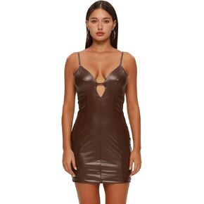 XLLAIS Women Sexy Cutout Spaghetti Strap Faux Leather Mini Dress Bodycon Dress