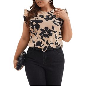 MakeMeChic Women's Plus Size Floral Print Tie Back Blouse Tops Flutter Sleeve Summer Boho Shirts