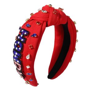 4th of July Knot Headband for Women Red White Blue Star Hairband Pearl Rhinestone Stars Beaded USA Patriotic Knotted Head Band Headpiece Hair Accessories (patriotic headband A)